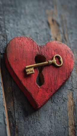 Macro photo of a red wooden heart pierced by a golden key, set against an aged wood surface. The minimalist composition evokes themes of love and mystery.の素材