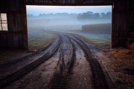 Tractor tire tracks extend from a barn into misty fields at dawn, capturing the serene and atmospheric early morning light. The scene evokes a sense of calm and rural life.の素材