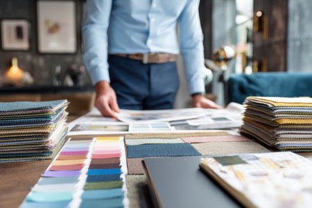 An interior designer showcases a mood board with various fabric samples and color swatches on a table. The setting is a modern office, emphasizing creativity and design.の素材
