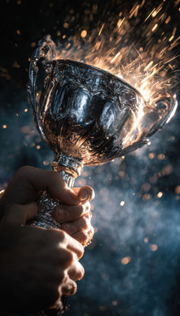A photorealistic close-up of a silver trophy held by two hands, surrounded by flying sparks. The dramatic contrast and motion blur emphasize energy and celebration.の素材