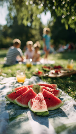 A family enjoys a sunny picnic in the park with watermelon slices and fresh juice on a blanket. Kids play joyfully in the background, creating a cheerful atmosphere.の素材