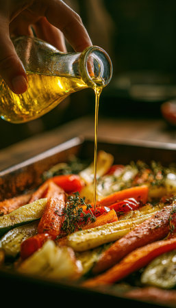 Close-up of hands pouring olive oil over roasted vegetables, including carrots, zucchini, and bell peppers, in a baking pan. Warm tones highlight the cooking process and fresh thyme.の素材