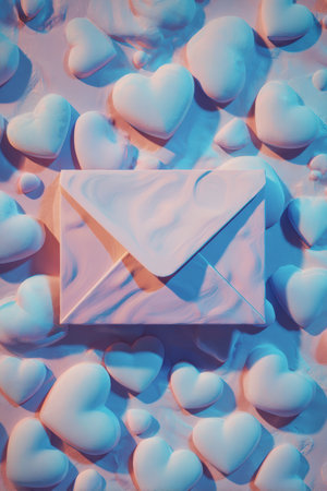 Concept art featuring an envelope surrounded by heart cutouts in a cyan pastel tone, creating a cinematic romantic mood. The image evokes feelings of love and affection.の素材