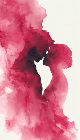 Abstract watercolor art depicting a romantic silhouette of a couple kissing. The image features soft, flowing red pigments, creating an intimate and dreamy atmosphere.の素材