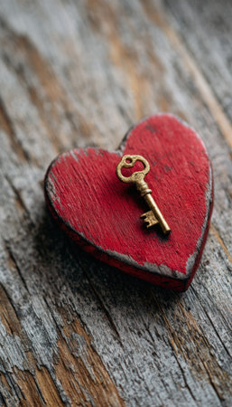 Macro photo of a red wooden heart pierced by a golden key, set on an aged wooden surface. This minimalist image evokes themes of love, emotion, and nostalgia.の素材
