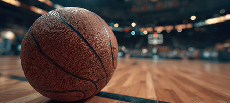 Close-up image of a professional basketball showcasing its textured surface on a hardwood court. The shallow depth of field and moody ambient lighting highlight the ball's details.の素材