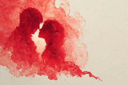 Abstract watercolor art featuring a red wash forming the shape of a couple, symbolizing love. Heart motifs and soft lighting enhance the romantic theme, creating a dreamy atmosphere.の素材