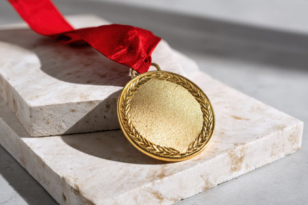 Close-up image of a gold medal with a red ribbon resting on a marble podium. The detailed engraving and texture are highlighted by soft studio lighting, set against a clean white background.の素材
