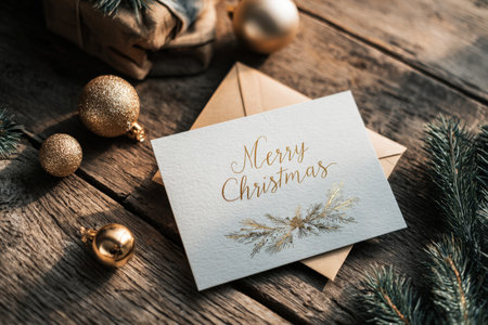 Photorealistic flat lay of a Christmas greeting card with gold foil text, surrounded by pine branches, ornaments, and an envelope on a wooden table with warm lighting.の素材