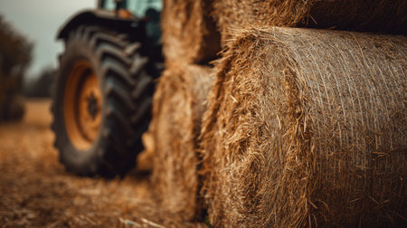 Close-up image of hay bales stacked next to a tractor wheel, showcasing golden textures and a cozy farm atmosphere. The detailed macro composition highlights the warmth of rural life.の素材