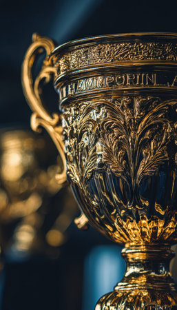 Realistic sports photography showcasing a detailed close-up of a golden trophy with championship engraving. The elegant design is highlighted against a soft bokeh background.の素材