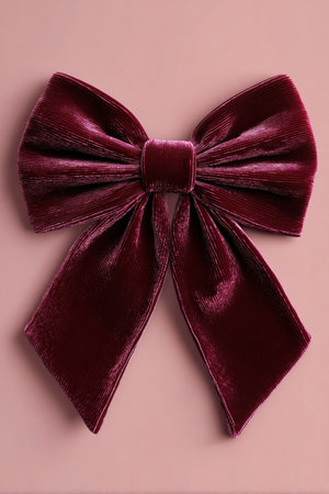 Photorealistic image of a deep burgundy velvet bow with visible weave and crisp edges, isolated on a pastel blush background. Ideal for catalogs and product showcases.の素材