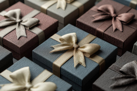 Close-up image of elegant gift boxes arranged in a grid. Featuring matte paper, silk bows, and subtle textures, perfect for high-end luxury product presentations.の素材
