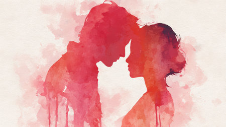 Watercolor painting of a couple's silhouette in pink and red tones, evoking a romantic and emotional vibe. The artistic texture adds a dreamy and intimate atmosphere.の素材