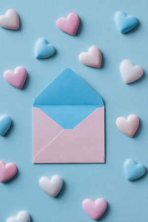 A delicate composition featuring a pink envelope surrounded by pastel hearts on a cyan background. The clean, cinematic style evokes romantic message symbolism.の素材