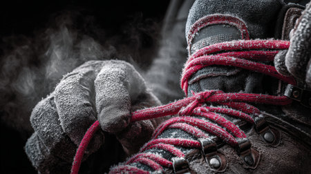 Detailed macro shot of a skater's frost-covered gloved hand tightening red laces on a boot. Visible steam of breath adds to the realistic, cold atmosphere.の素材