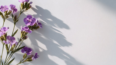 Elegant flat lay of a minimalist International Women's Day greeting card featuring purple flowers on a white background. The composition includes soft shadows for a stylish look.の素材