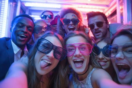 A lively group of young adults poses for a selfie, wearing colorful novelty glasses. The vibrant lighting and joyful expressions capture a fun and energetic atmosphere.の素材