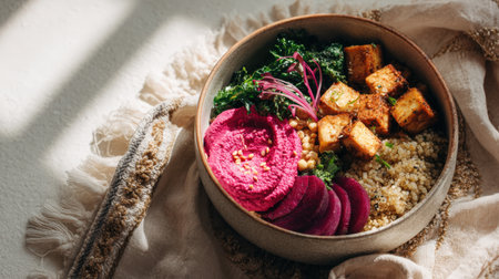 A beautifully styled vegan Buddha bowl featuring tofu, grains, greens, and beet hummus. Presented on a white table with decorative cloth and soft shadows for a minimalist look.の素材