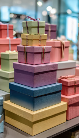 A stack of color-coordinated gift boxes arranged on a retail display shelf. Soft lighting enhances the clean focus, making it ideal for e-commerce catalog presentations.の素材