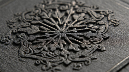Close-up of an embossed snowflake lattice design on a matte graphite poster. The intricate pattern is highlighted by grazing light, showcasing its elegant texture and balanced margins.の素材
