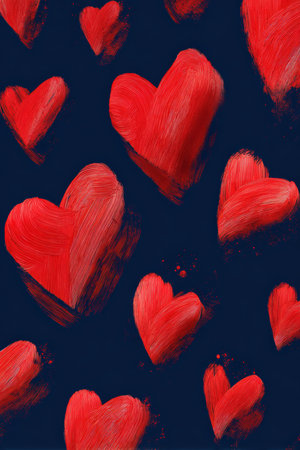 A modern romantic visual featuring a pattern of floating red hearts with artistic brush effects on a navy background, creating a vivid and dynamic composition.の素材