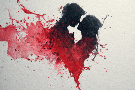 A captivating watercolor painting featuring the silhouette of lovers merging into red heart splashes. This artwork embodies emotional depth and artistic surrealism, creating a dreamlike scene.の素材
