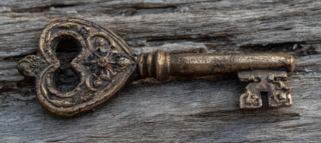Artistic rendering of an ornate antique key in a heart-shaped lock, set against a textured aged wood background, symbolizing romance and nostalgia.の素材