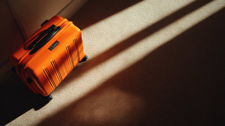 Close-up image of a vibrant orange suitcase casting shadows on a carpeted floor. Sunlight creates striking patterns, enhancing the minimalist and cinematic aesthetic.の素材
