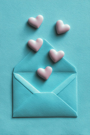A delicate composition featuring an open envelope with pink hearts on a pastel cyan background. The clean, cinematic style evokes romantic message symbolism.の素材
