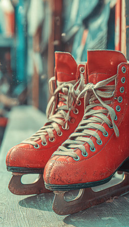 A nostalgic 1980s-style photo featuring red skates with a film grain texture. The warm vintage tones evoke a documentary feel, capturing a classic street rink scene.の素材