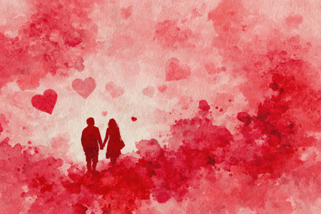 Watercolor-inspired artwork featuring romantic red silhouettes and heart patterns. The brush textures blend seamlessly, creating a dreamy and passionate atmosphere.の素材