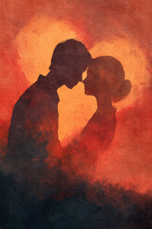 A modern romantic watercolor painting featuring a couple's silhouette against a backdrop of warm, cinematic tones and heart motifs, evoking a sense of love and intimacy.の素材
