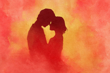 Dreamy abstract watercolor art featuring a couple's silhouette against a warm red and orange background, evoking a romantic and serene atmosphere.の素材
