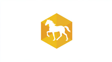 Simplified horse silhouette within a hexagonal icon, featuring a flat design on a clean white background. The image offers ample spacing, ideal for modern graphic projects.の素材