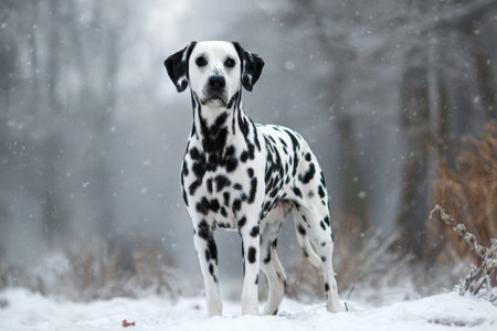 A dalmatian stands confidently in a snowy landscape, its black spots creating a striking contrast against the white snow. The serene winter setting enhances the dog's majestic presence.の素材