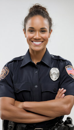 Portrait of a young female police officer in uniform, smiling confidently against a white background. She wears a small U.S. flag pin on her chest, symbolizing pride and service.の素材