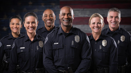 A group of diverse police officers stand smiling in front of a U.S. flag-themed backdrop. The studio lighting and professional setting highlight their camaraderie and unity.の素材