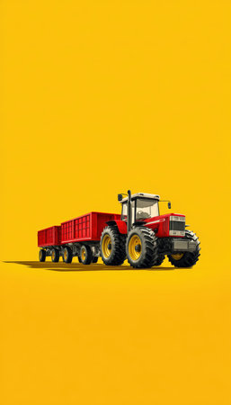 Detailed studio-style render of a tractor with a full grain trailer on a solid light yellow background. The composition is isolated with clean shadows, ideal for banners.の素材