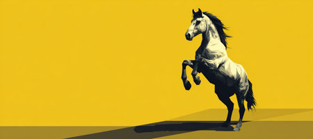 Stylized flat art depicting a horse rearing up against a bold yellow background. The image features geometric minimalist style with distinct shadows and highlights.の素材