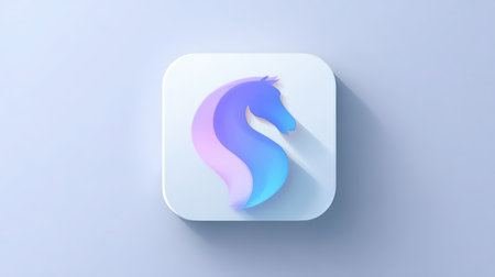 A stylized minimal horse logo icon within a badge shape, featuring soft gradients and a drop shadow. Ideal for mobile app iconography, offering a modern and sleek design.の素材