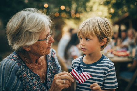 A touching moment as a grandmother hands a small American flag to her grandson during an outdoor family gathering. The candid lifestyle photo captures warmth and emotion.の素材