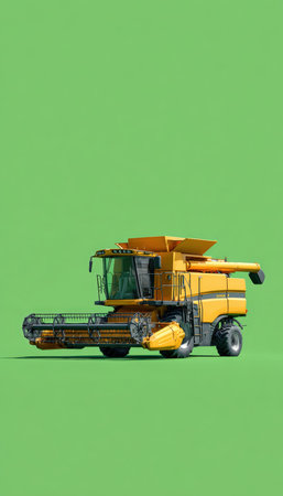 Isolated high-resolution 3D render of a combine harvester on a solid green background. The image is minimalistic and clean, ideal for digital media and agricultural themes.の素材