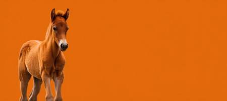 A young foal stands curiously against a solid orange background, positioned off-center to allow space for text and icons. Ideal for design projects needing animal imagery.の素材