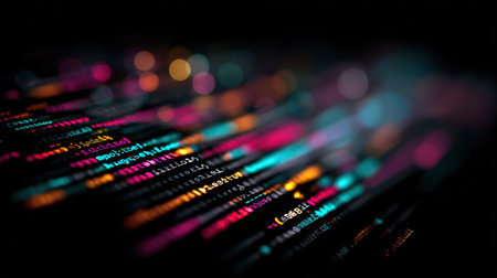 Abstract composition featuring colorful code lines on a black background. The image showcases a minimalistic tech aesthetic with soft bokeh from ambient lights and shallow focus.の素材
