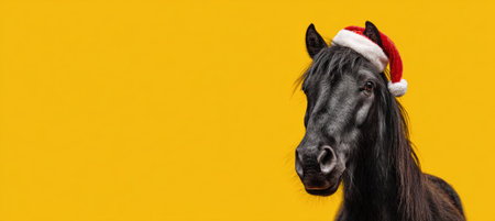 A black pony humorously wears a Santa hat pulled over one ear, set against a vibrant yellow background. The playful composition adds a festive and cheerful touch.の素材