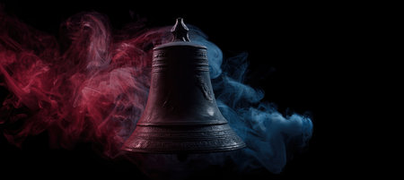 Artistic composition of the Liberty Bell enveloped in swirling red, white, and blue smoke. Dramatic lighting enhances the bold, patriotic theme against a dark background.の素材
