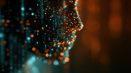 A striking visualization of artificial intelligence featuring a human head silhouette composed of binary code and light particles. The image uses bright neon orange and cyan tones.の素材