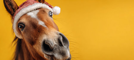 Close-up of a playful pony wearing an oversized Santa hat tipped sideways, set against a vibrant yellow background. Perfect for festive and humorous Christmas-themed stock photos.の素材