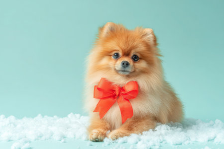 A fluffy Pomeranian sits on white faux snow, adorned with a festive red bow, against a pastel blue studio background, creating a charming and playful holiday scene.の素材